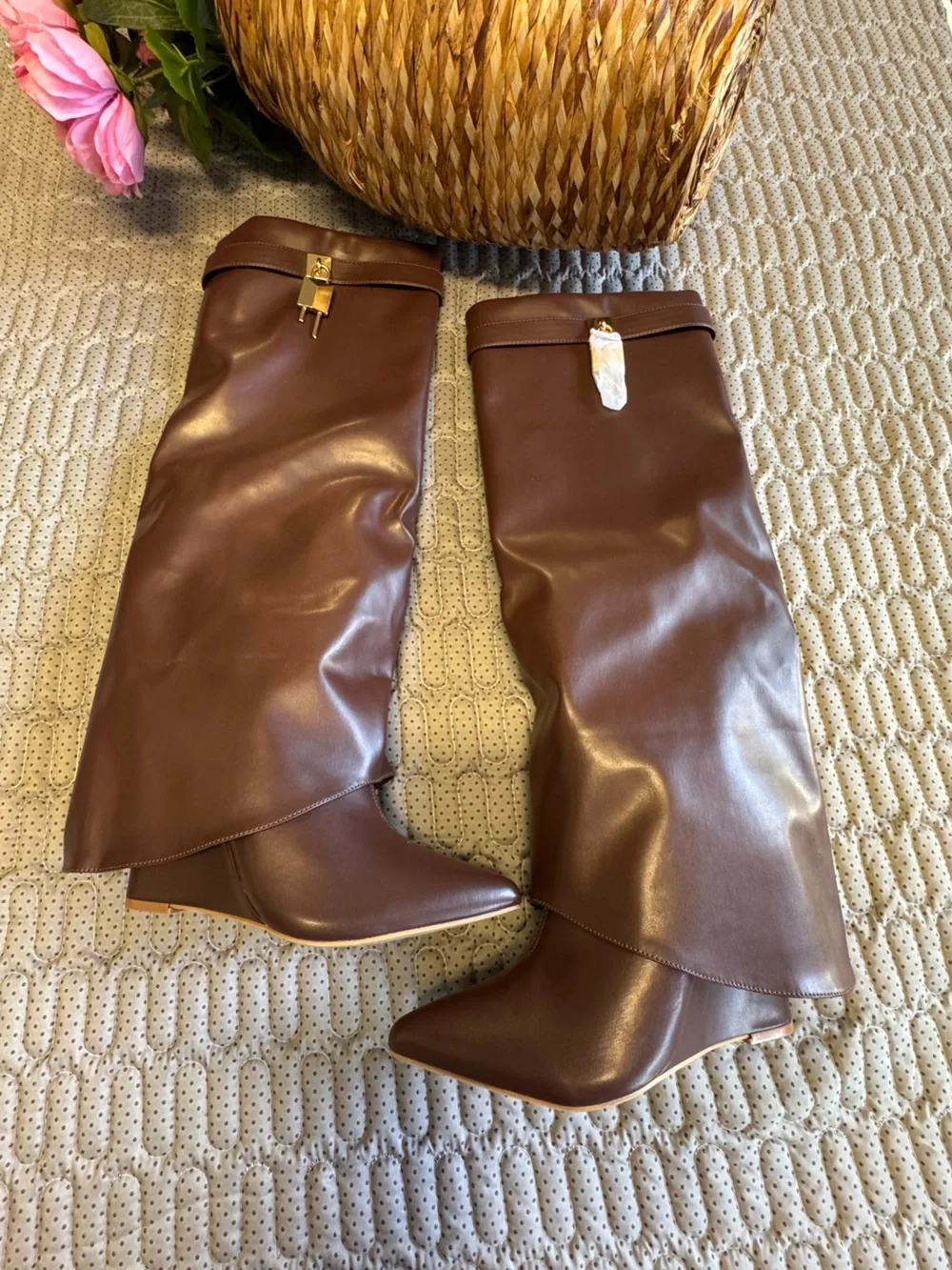 Cape Robbin Leather Knee High Boots Brown Gold Hardware Designer Style